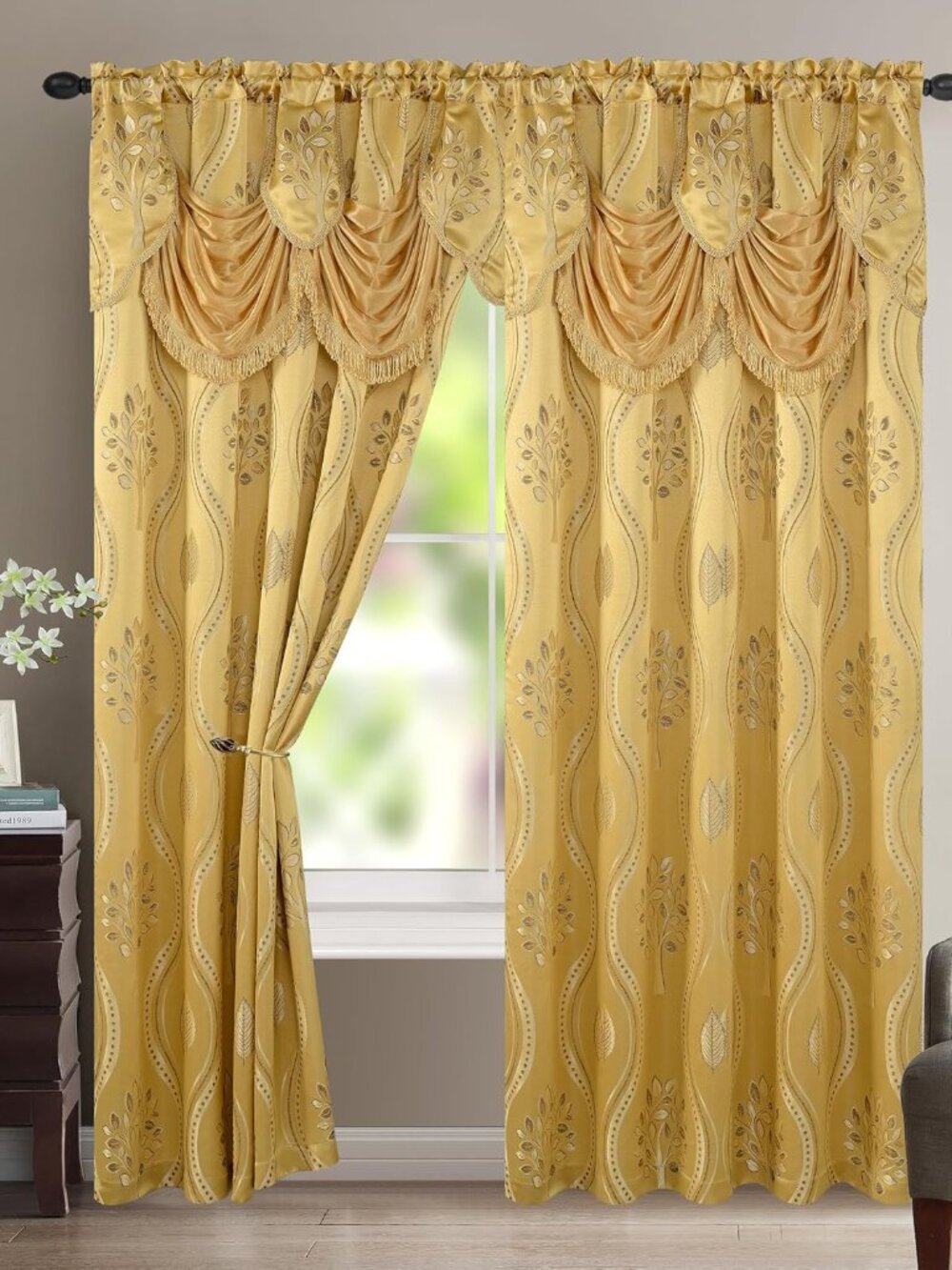 Aurora Jacquard Look Curtain Panel Set with Attached Valance 54" X 84 inch Set o